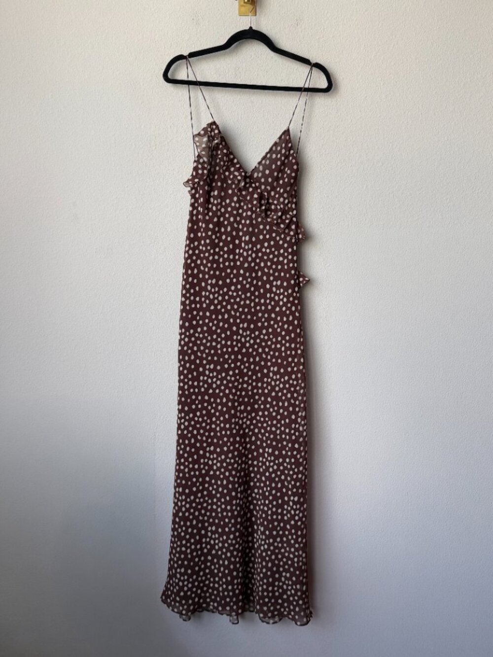 ZARA Brown Cream Polka Dot Ruffle Maxi Dress Size S - Picture 3 of 8